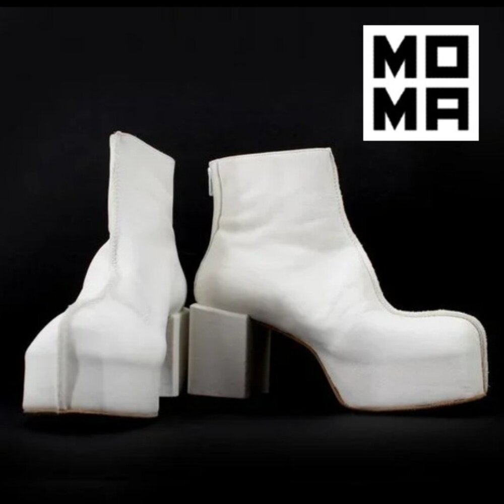 MOMA Platform Boots White Leather Handmade  Block Heel Zip Back Seam SZ 39/10